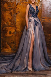 A-Line V-Neck Sleeveless Floor-Length Split Front Prom Evening Dresses with Appliques